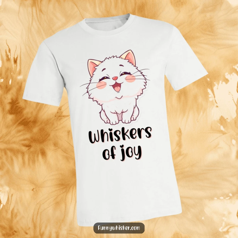 Funny t-shirt depicting a fluffy cat character with comically oversized whiskers wiggling uncontrollably with pure delight.