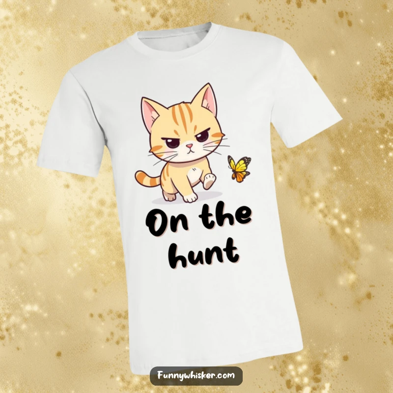 Funny cat t-shirt featuring a determined character, whiskers forward, on the hunt for a tiny, elusive butterfly, capturing focused pursuit.