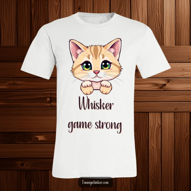 Funny t-shirt featuring a cat peeking from behind oversized, fluffy whiskers, with sparkling eyes, conveying a sense of playful mystery.