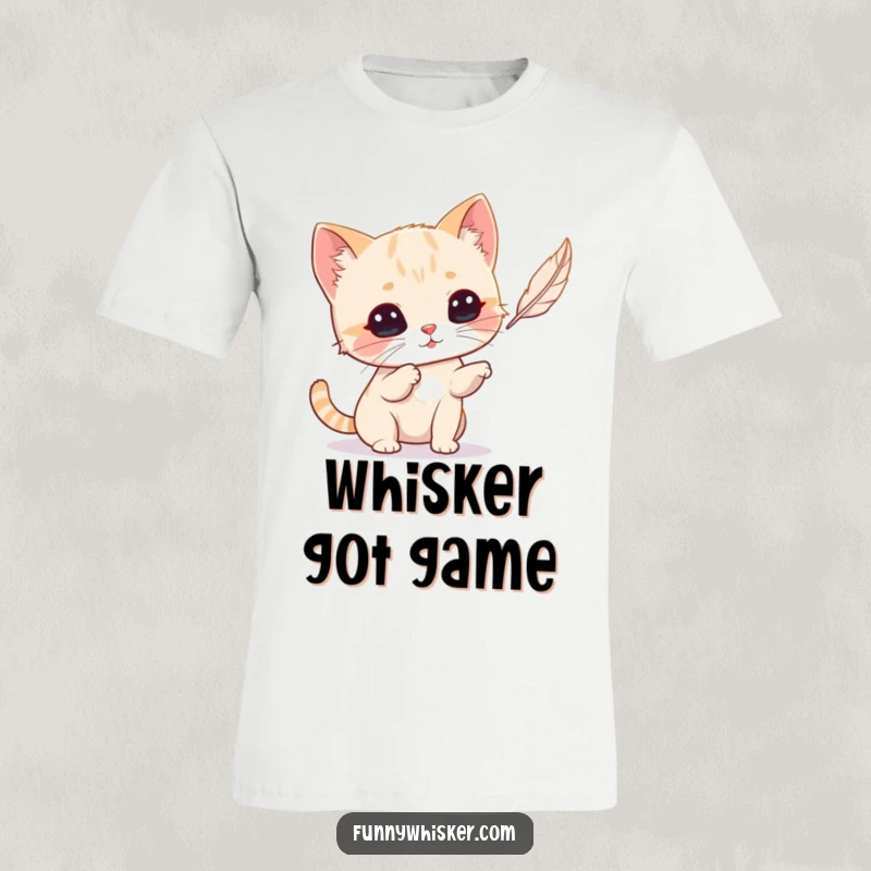 Funny Cat T-Shirt: A tiny cat with huge whiskers joyfully bats at a feather, a humorous and cute design.