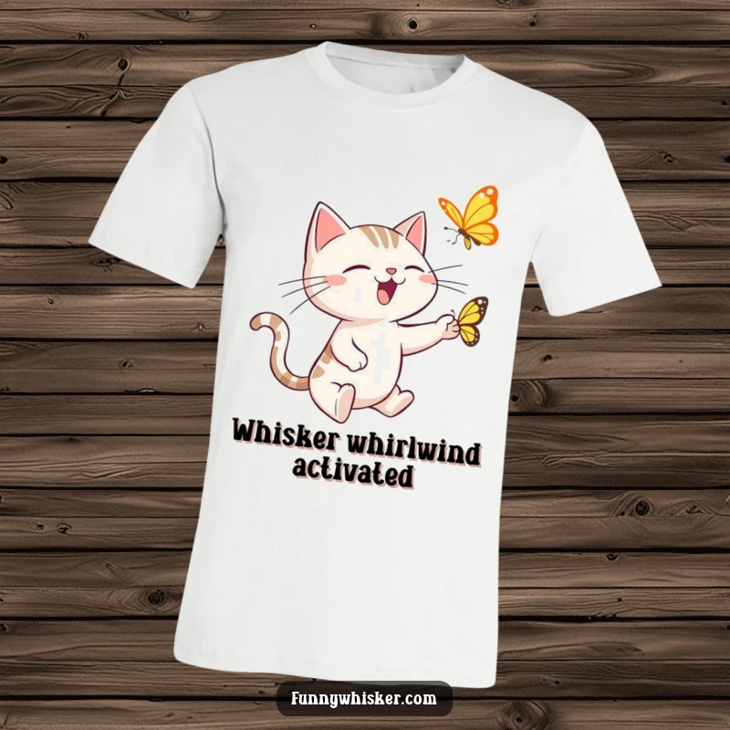 Funny t-shirt with a spiky-whiskered cat character in mid-air, joyfully pursuing a fluttering butterfly, a humorous depiction of feline antics.