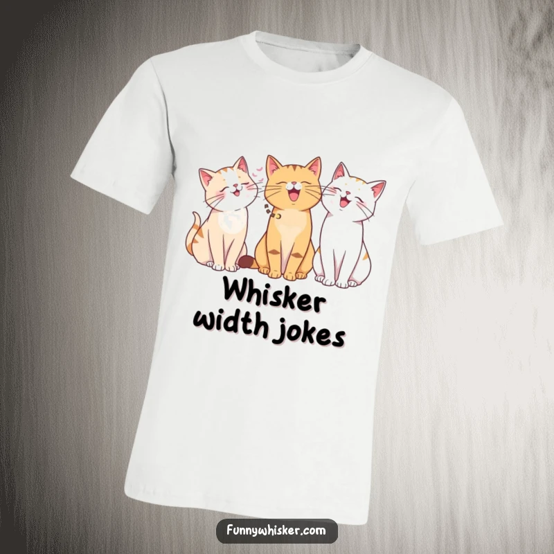 Funny cat t-shirt, group of cats giggling, diverse whisker lengths, humorous friendship tee, funny gift.