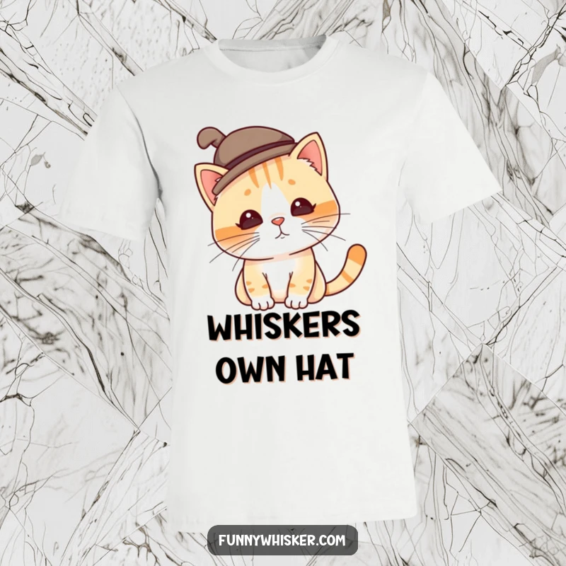 Funny cat t-shirt showing a character in a tiny, silly hat that tilts precariously due to twitching whiskers, a humorous fashion statement.