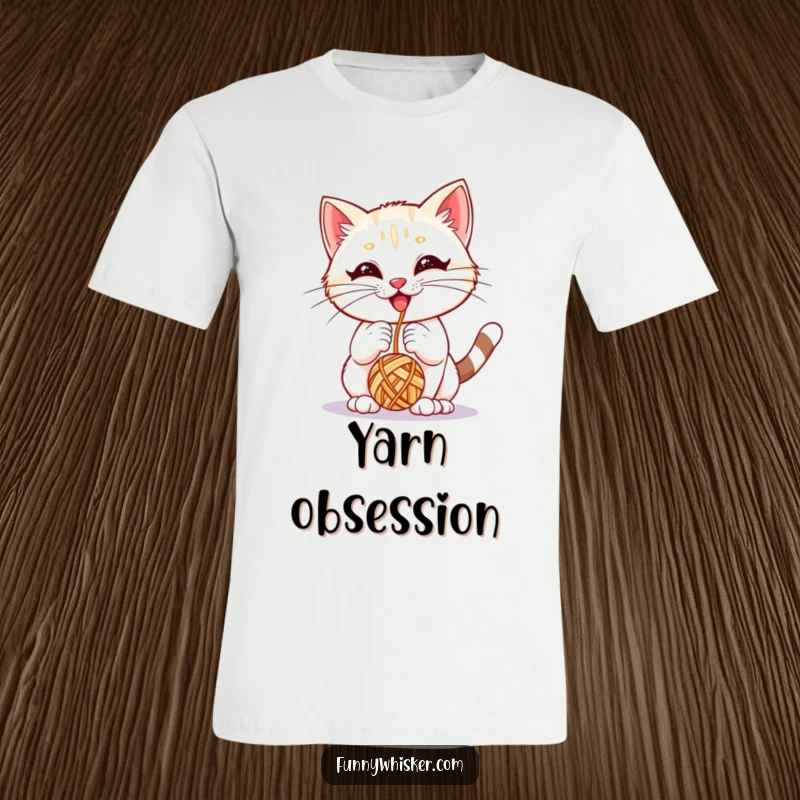 Funny t-shirt of a kitten with oversized whiskers happily playing with a dangling yarn ball, full of joy.