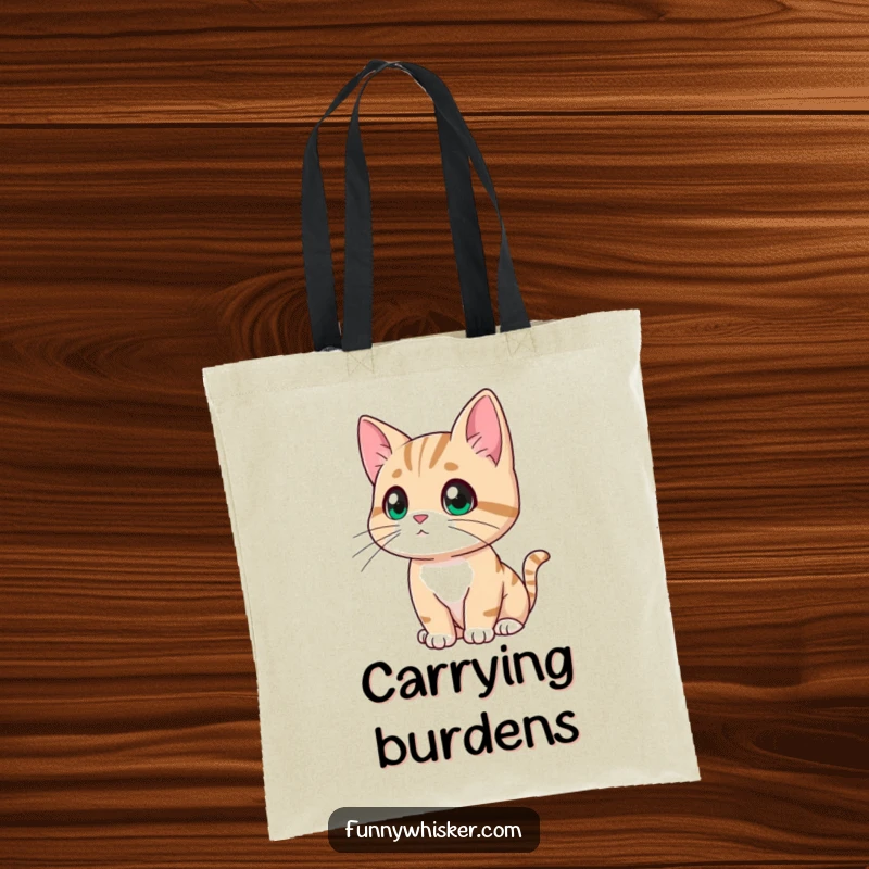 Funny cat tote bag showing a character looking thoughtfully into the distance, whiskers drooping slightly, a humorous and intellectual accessory.