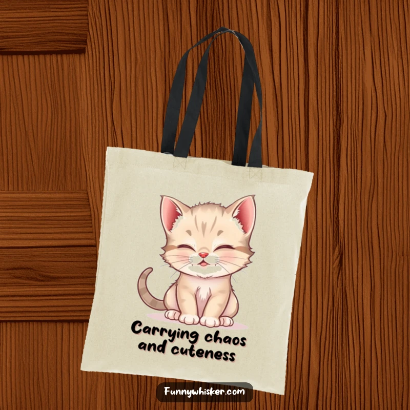 Funny tote bag showing a mischievous kitten employing its whiskers to tickle another cat, a delightful and humorous design.