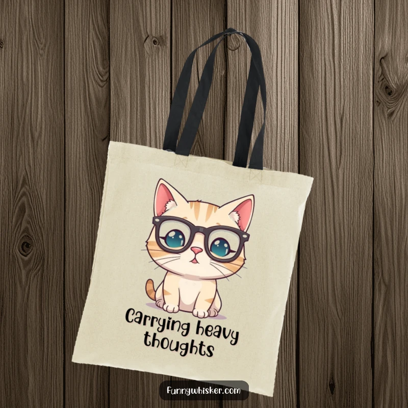 Funny cat wearing tiny spectacles perched precariously on its whiskers, looking fashionable and humorous on a practical tote bag.