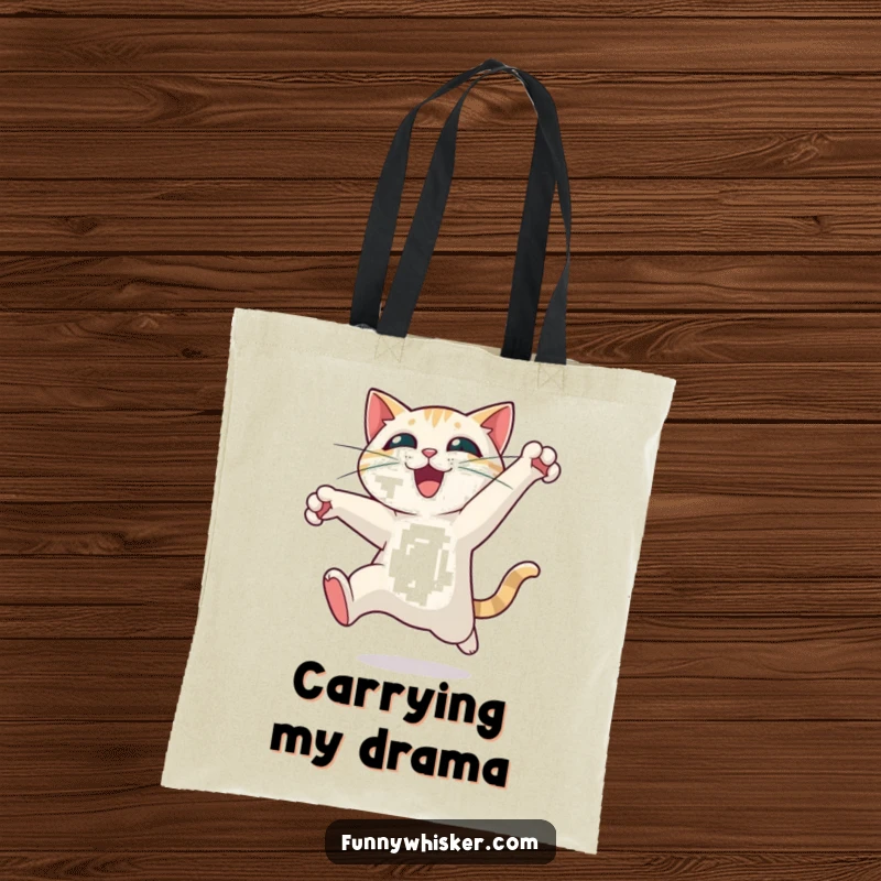 Funny cat tote bag featuring a character leaping with exhilaration, whiskers spread wide, perfect for carrying daily essentials with a humorous touch.