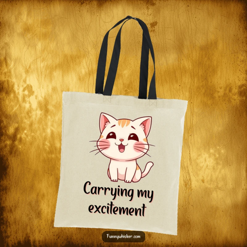Funny tote bag with a small cat character wiggling its long whiskers in excitement, a delightful accessory for cat fans.