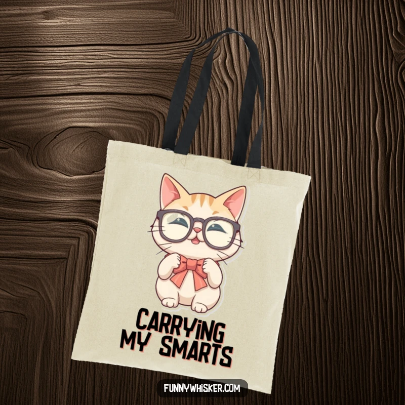 Funny tote bag showing a cat in large glasses trying to tie a bow tie with its whiskers, practical and chic.