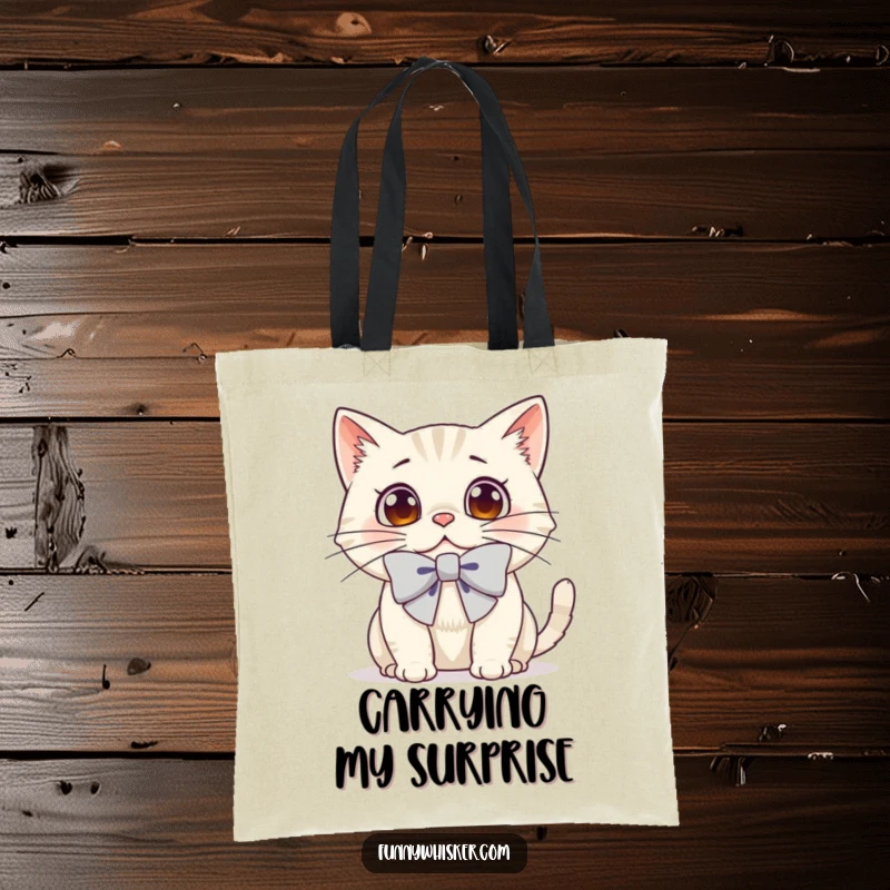 Funny tote bag showcasing a cat with a giant bow on its whiskers, its expression one of comical surprise.