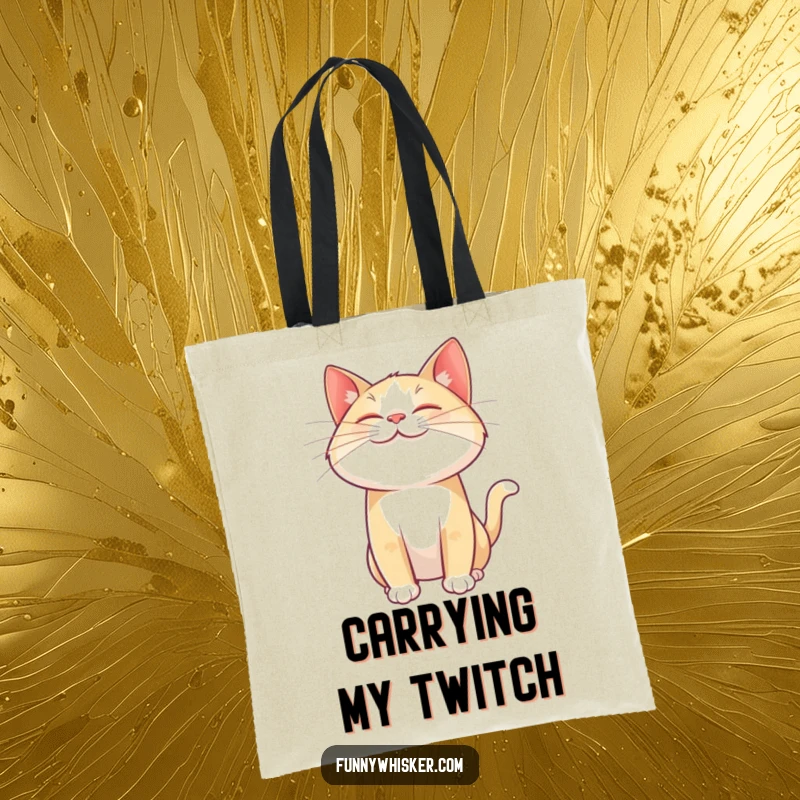 Funny cat tote bag with a giant, joyful whisker twitching mid-air, a charming accessory for carrying essentials with a smile.