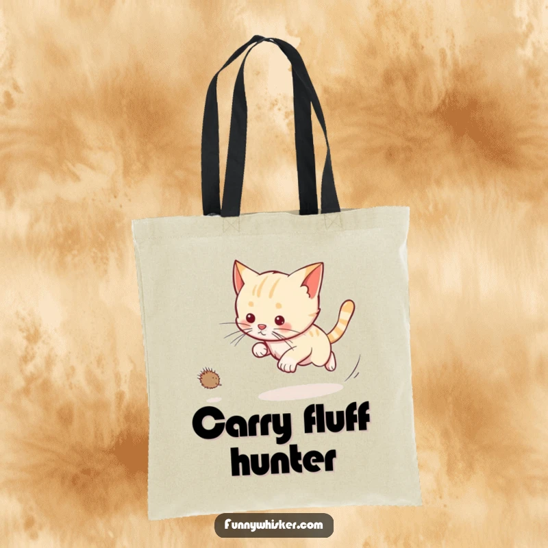 Funny cat tote bag with a cat chasing a dust bunny, long whiskers trailing, perfect for carrying essentials with pet flair.