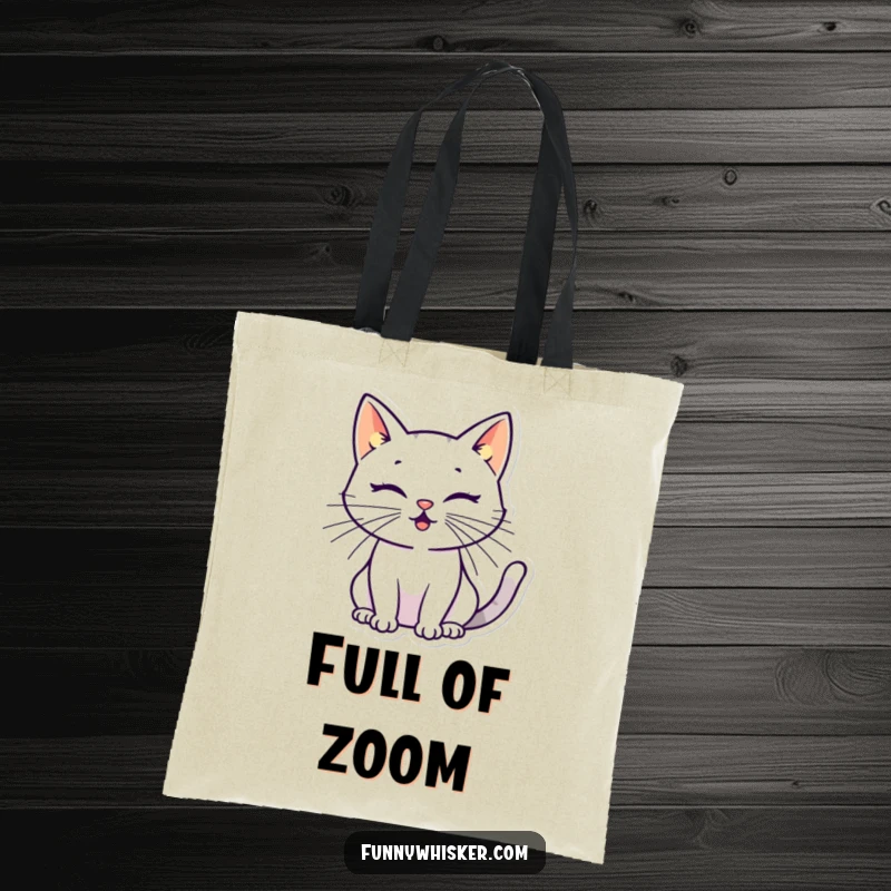 Funny cat tote bag displaying a stylized silhouette with oversized, energetic whiskers, perfect for a humorous and fashionable carry-all.