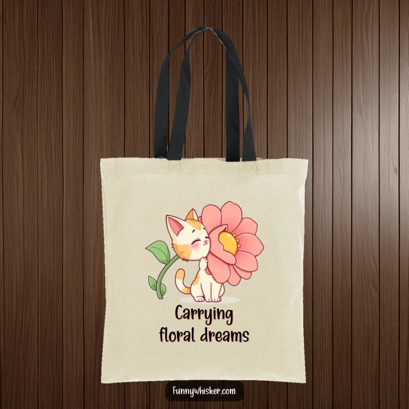 Funny Tote Bag: A cat character dramatically sniffing a giant, cartoonish flower.