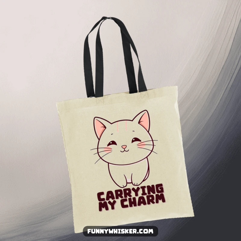 Funny tote bag with a single, bold, playful curved line as a cat whisker, perfect for carrying items with minimalist charm.
