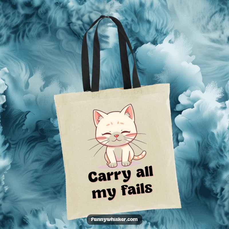 Funny tote bag featuring a cat character with comically long whiskers tripping over its own feet, ready to hold your items with a dose of charm.