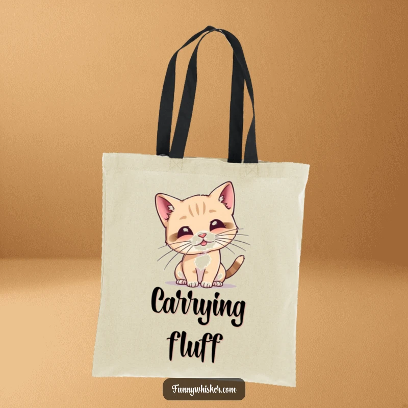 Funny cat tote bag illustrated with a tiny cat playfully swatting at its own long, exaggerated whiskers.