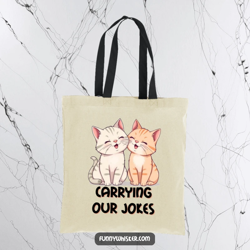 Funny tote bag showing two cats with exaggerated whiskers leaning close, sharing a joyful, silent giggle, embodying companionship and humor.