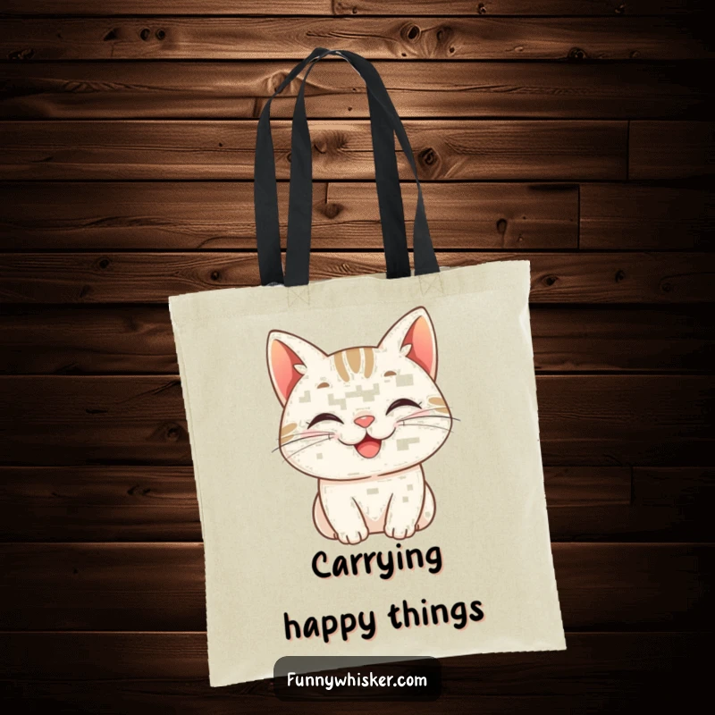 Funny tote bag, a cat character with whiskers curled into a cheerful grin, perfect for carrying items with a dose of happy charm.