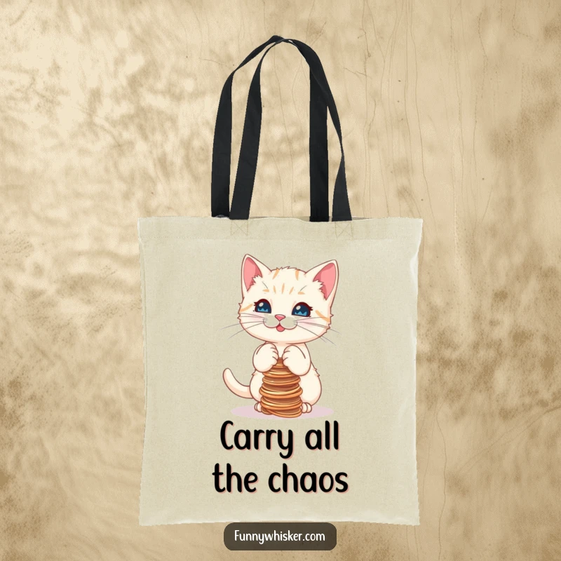 Funny tote bag with a charming kitten attempting to balance a tall stack of whisker-like strings, highlighting playful kitten antics.