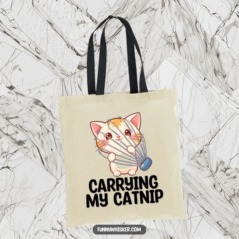 Funny tote bag showcasing a small cat peeking from behind a huge, jiggly whisk, perfect for everyday use.