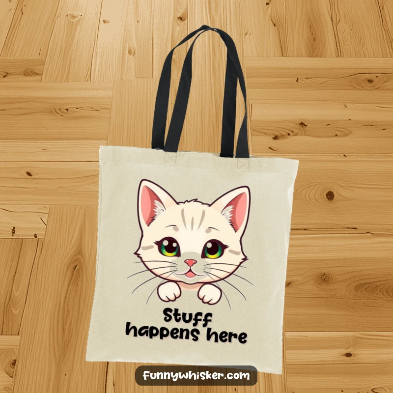 Funny tote bag, a cat character humorously peeking from behind large, feathery whiskers, ideal for carrying essentials with quirky charm.