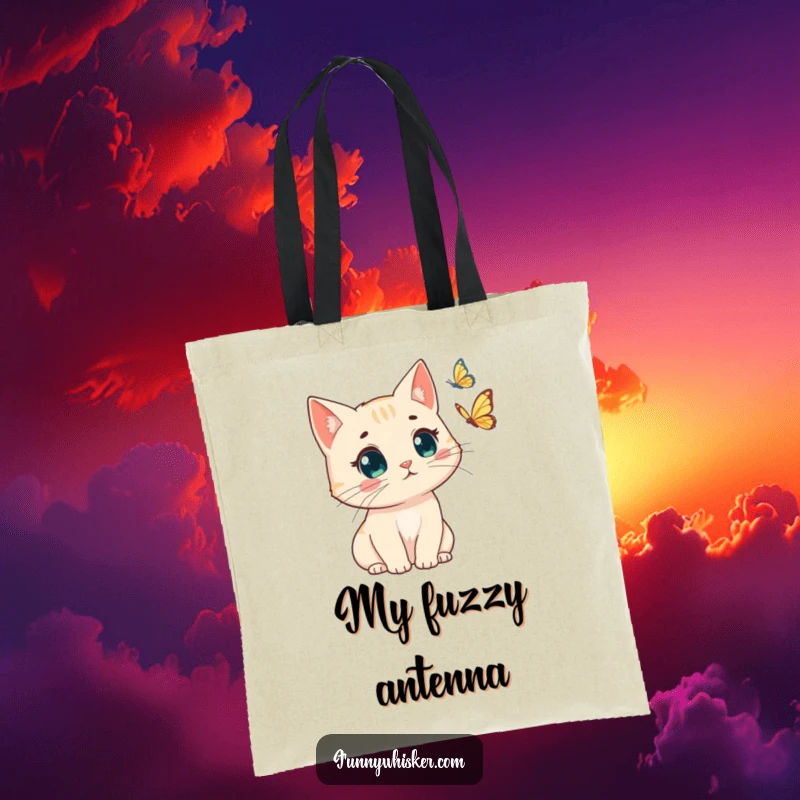 Funny tote bag with a cat s windswept whiskers, looking surprised at a butterfly. A humorous and practical item, perfect funny gift.