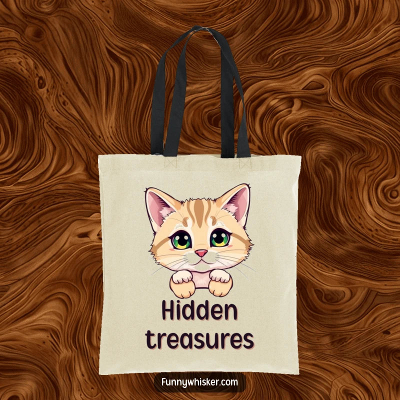Funny tote bag illustrating a cat peeking from behind huge, fluffy whiskers, with sparkling eyes, perfect for carrying items with a humorous charm.